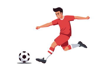 Dynamic Soccer Player Kicking Ball with Red Uniform and Intense Expression.
