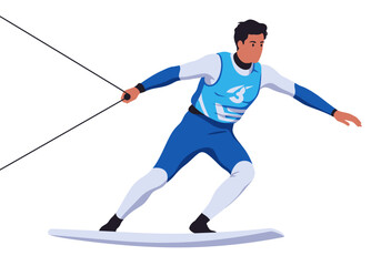 Obraz premium Dynamic Water Skier in Blue and White Leotard with Tow Rope.