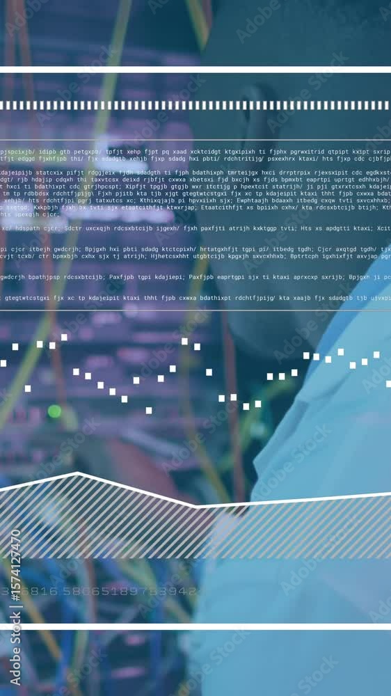 Poster animation of graphs and loading bar, african american man with laptop checking data servers