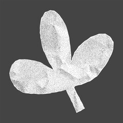Decorative leaf silhouette with jagged torn edges. Crumpled paper cutout with gritty halftone texture, perfect for collage projects and minimal design.