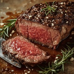 Close-up of a juicy Bistecca Fiorentina sliced to reveal a perfectly rare center, with meat juices glistening, rosemary and garlic scattered around, and a steak knife resting nearby.