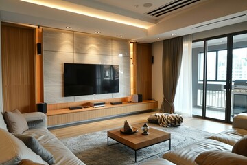 Luxurious interior design featuring a large television, comfortable seating, and a stunning view of the cityscape through sliding glass doors