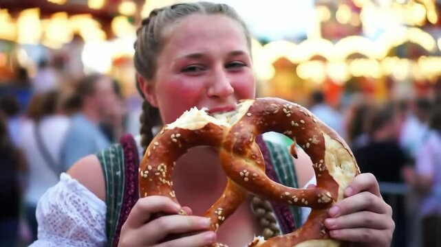 cheerful young woman in colorful dirndl bites giant pretzel at oktoberfest. vibrant celebration, tradition, and festive joy. european tourism, entertainment in germany