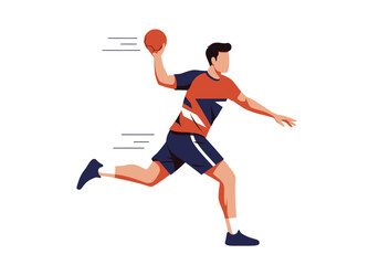 Handball Player in Action Throwing Ball with Speed Lines Orange and Blue Uniform.