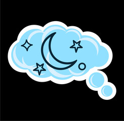 Hand drawn blue cloud icon with crescent moon and stars, symbolizing creativity and imaginative ideas. Perfect for branding, apps, or designs that focus on inspiration and dreams.