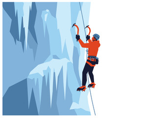 Ice Climber Ascending Frozen Waterfall with Ice Axes and Safety Gear.