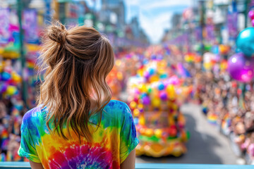 Young woman in rainbow shirt watching colorful pride parade in a big city