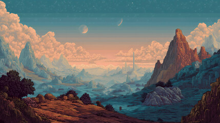 A retro 8-bit pixel art landscape captures serene mountains and a peaceful lake, bathed in the vibrant light rays of a stylized sunrise or sunset.