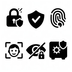 Comprehensive Set of Black Pictogram Silhouettes Security Icons, Sign, and Symbol Collection for Design Projects.  A diverse range of black icon silhouettes, 