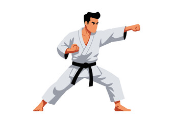 Karate Practitioner in White Gi with Black Belt Demonstrating Punching Technique.