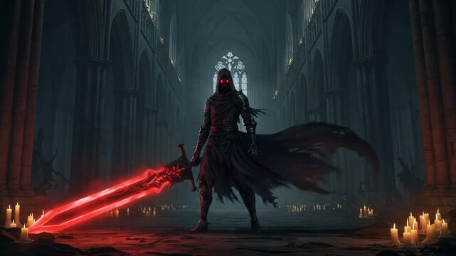 Dark gothic figure with glowing sword in ancient building