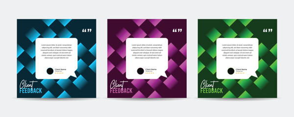Client testimonial post design template, Client review social media post, Customers feedback web banner layout, Marketing post.