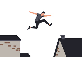 Man in MidAir Dynamic Leap with Arms Extended Black Hair Gray Shirt Black Pants.