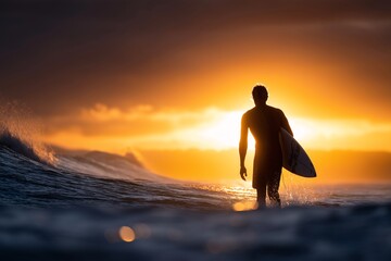 Surfer walking into ocean at golden sunset, Man holds surfboard with waves around, Concept of beach lifestyle and travel