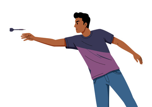 Man throwing a dart wearing a twotone tshirt and blue jeans.