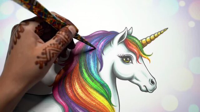 Hand drawn rainbow unicorn illustration colorful detailed drawing on white paper