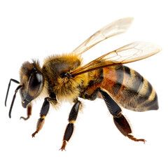 Detailed close up of a honeybee in flight isolated transparent background