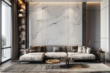 Luxurious living room featuring a marble wall, comfortable sofa, and stylish decor, creating a sophisticated and inviting atmosphere