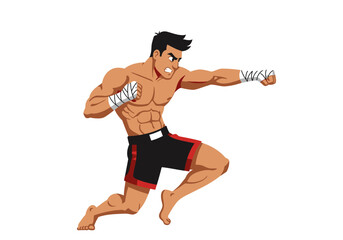 Muscular Muay Thai Fighter in Striking Pose with Hand Wraps and Black Shorts.