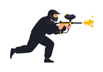 Paintball Player in Action with Yellow Splatter and Protective Gear.