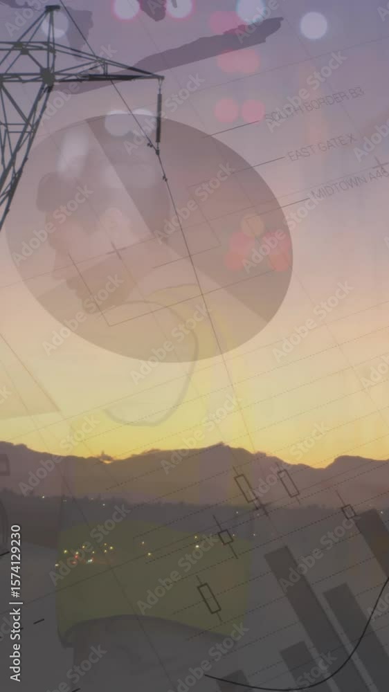Poster animation of graphs and data over fiend with electricity pole at sunset