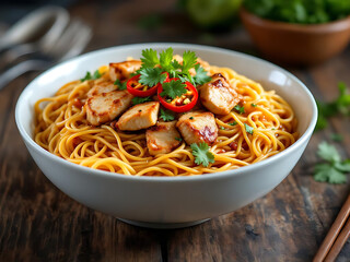 Delicious chicken noodles dish topped with cilantro and red pepper slices in a white bowl, presented on a rustic wooden surface.