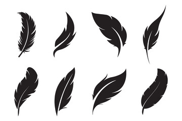 Black feather Shape set collection pack black icon silhouette vector flat illustration design on white background © 4k Vectors