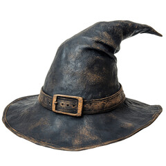 A black hat with a brown strap and a pointed top