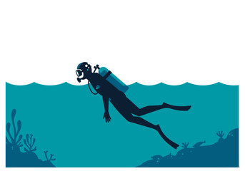 Obraz premium Silhouette of Scuba Diver with Tank Underwater Exploring Marine Life.