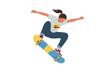 Skateboarder Girl MidAir Performing Trick with Yellow and Blue Skateboard.