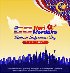 68th years Malaysia Hari Merdeka Independence Day 2025 greeting design with traditional batik pattern and modern landmarks of Kuala Lumpur. Malaysia Indepdence Day 68, 31st August 2025 concept. 