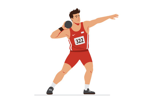 Shot Putter in Red Uniform Preparing to Throw the Shot Put Ball.
