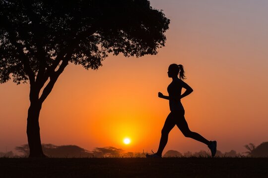 Woman running at sunrise with tree, Silhouette jogging during sunrise, Peaceful fitness morning concept