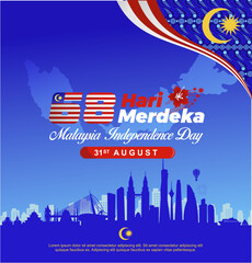 Elegant Malaysia 68 years Independence Day 2025 vector illustration design. Malaysia batik pattern, 68th logo and Kuala Lumpur landmarks. Best for Hari Merdeka celebration greeting, poster and banner
