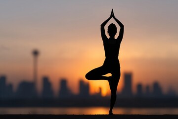 Yoga tree pose at sunrise city skyline, Woman silhouette meditating outdoor morning, Healthy body mind balance concept