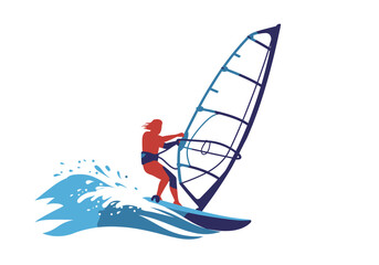 Windsurfer Silhouette on Waves with Sail Water Sport Illustration.