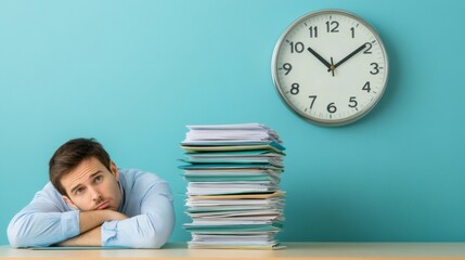 Stressed office worker is leaning on desk with head on hands, overwhelmed by a large stack of folders and a clock on turquoise wall, symbolizing stress, deadline, and time management challenges