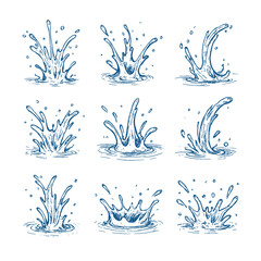 Dynamic hand-drawn water splashes in blue ink, captured in different motion moments. Great for motion graphics or liquid-themed designs.
