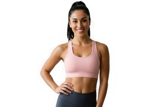Woman smiles wearing a pink sports bra and gray leggings posing on transparent background