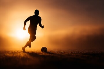 A soccer player runs on the field at sunrise, Athlete chasing the ball in early morning light, Dynamic football action scene with warm atmosphere