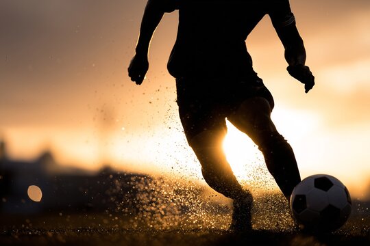 A soccer player kicks up water while dribbling the ball, Football action on wet field at sunset, Concept of determination and speed in sports