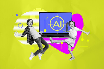 Full 3d poster art collage of two happy schoolgirl schoolboy stand laptop device artificial...