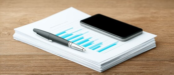 Business analysis report with financial data office desk document and smartphone professional environment aerial view corporate insights