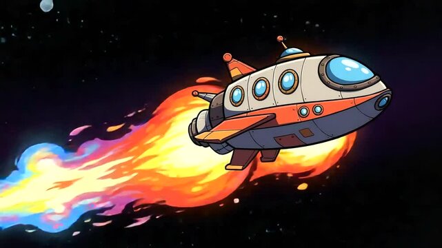 Cartoon rocket ship blasting off with flames in space
