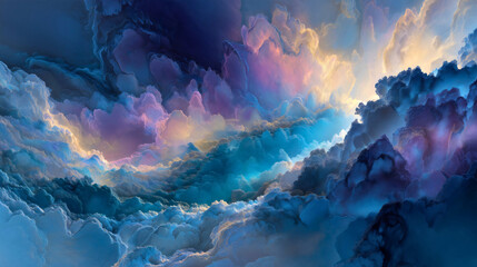This breathtaking wide-angle illustration showcases a unique fantasy world, its serene peaks and expansive sky painted with a stunning gradient of blue, pink, and purple hues.