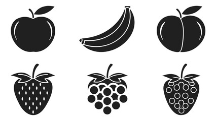 Collection of six black and white fruit icons including apples bananas and berries