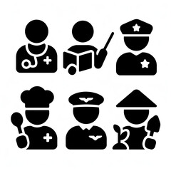  Pictogram Silhouette Icon Set Black Sign collection of black silhouette icons depicting various professions avatar, ideal for use in infographics, presentations, and digital interfaces.