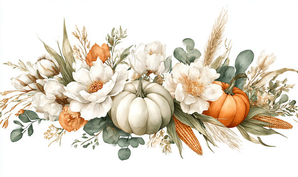 Watercolor elegant frame, orange and green fall floral garland with pumpkins