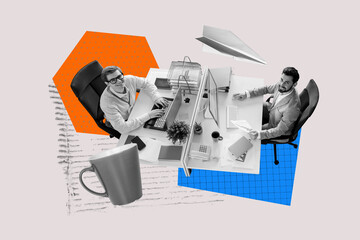 Trend composite sketch photo collage of group businesspeople teamwork human resources two young man...