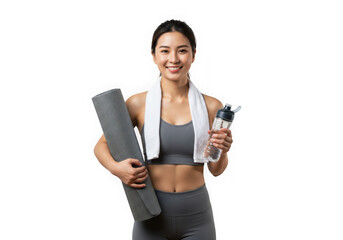 Smiling woman with yoga mat and water bottle after exercising on transparent background